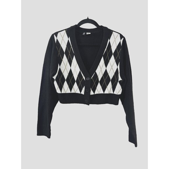 Womens Dark Academia Cropped Argyle Cardigan S Black White Grunge Y2K Oversized - Picture 1 of 6